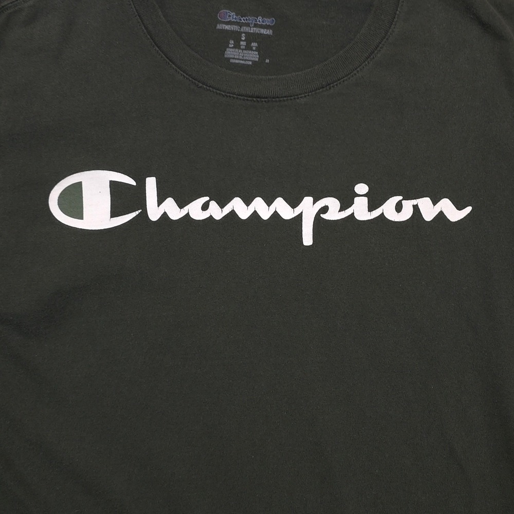 Champion Script Logo T-Shirt Mens Small Dark Olive Green Short Sleeve - Picture 4 of 9